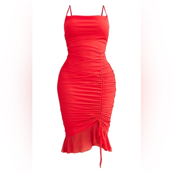 SHAPE RED MESH COWL RUCHED MIDI DRESS * UK 8 - Picture 2 of 4